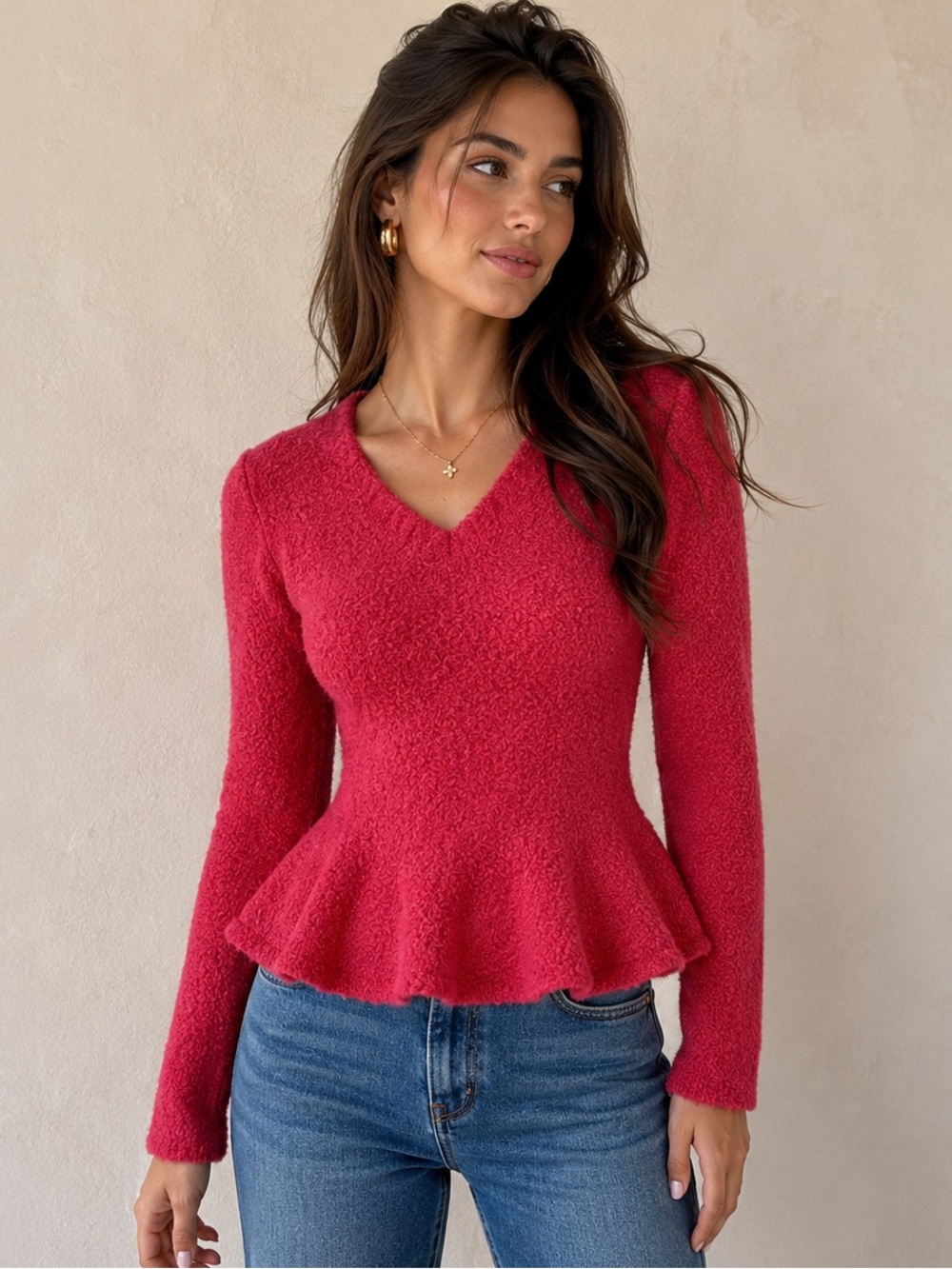 Moda International Red Textured V-Neck Sweater